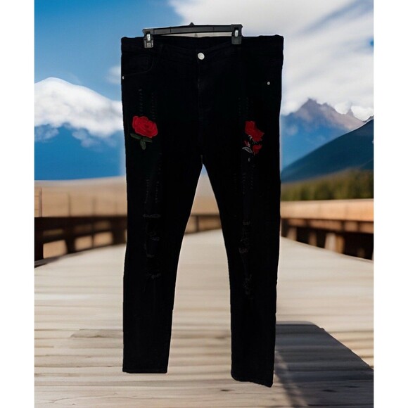 Chic Rose Floral Embroidered Ripped Design Skinny Jeans Distressed- Black 38 - Picture 1 of 7